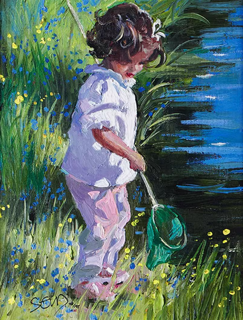 A Sherree Valentine Daines limited edition of a small girl stood by a stream holding a net, the title is Small Wonders