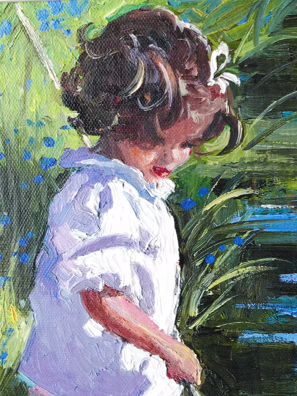 A Sherree Valentine Daines limited edition of a small girl stood by a stream holding a net, the title is Small Wonders