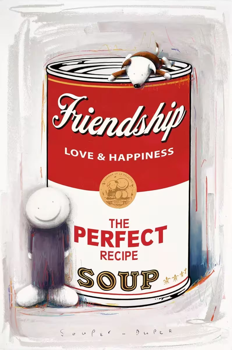 A Doug Hyde limited edition print of a person in purple standing next to a soup can with the words 'Friendship', 'Love & Happiness' written across with a dog on top of the can, the title is Souper Duper