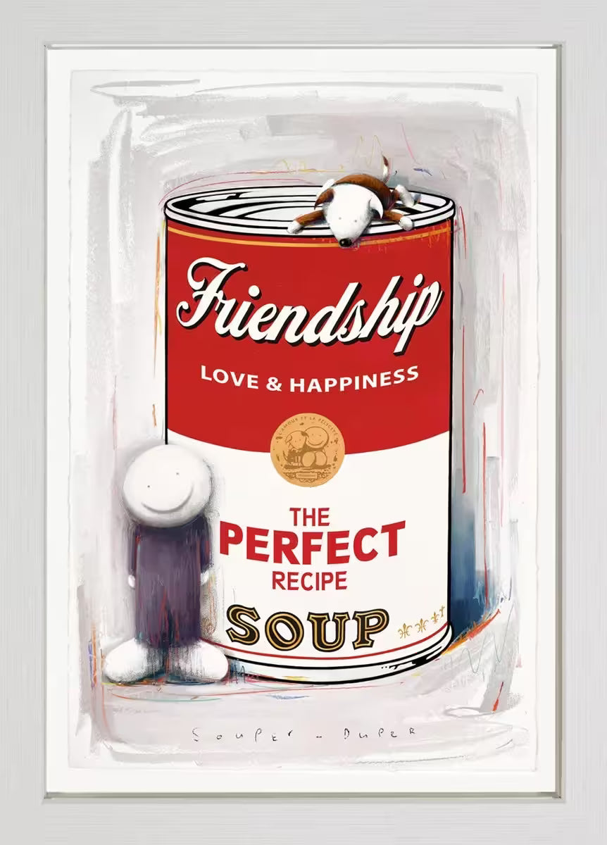 A Doug Hyde framed limited edition print of a person in purple standing next to a soup can with the words &