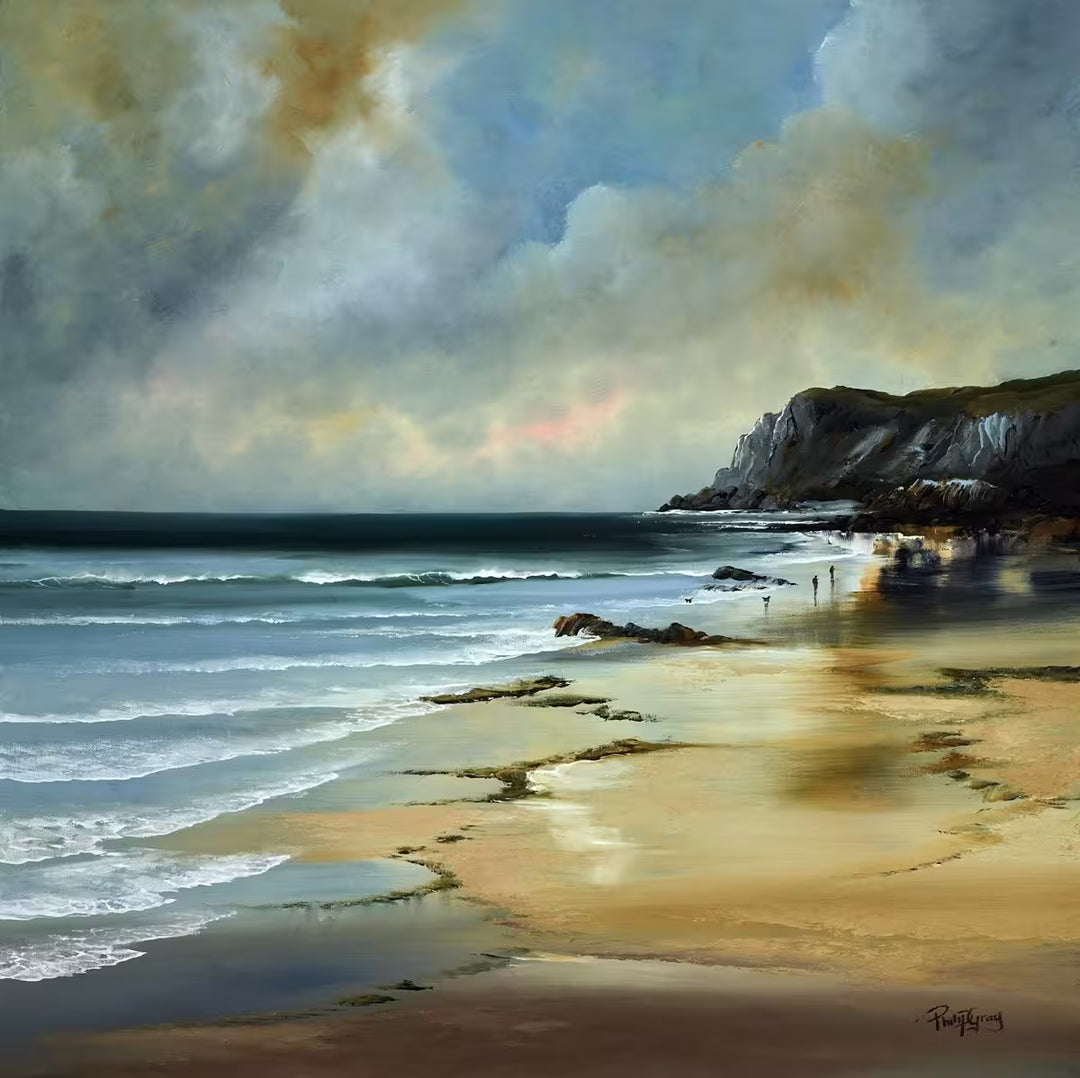 A Philip Gray original of a beach with cliffs in the background and two people walking a dog, the title is Splashing Around II