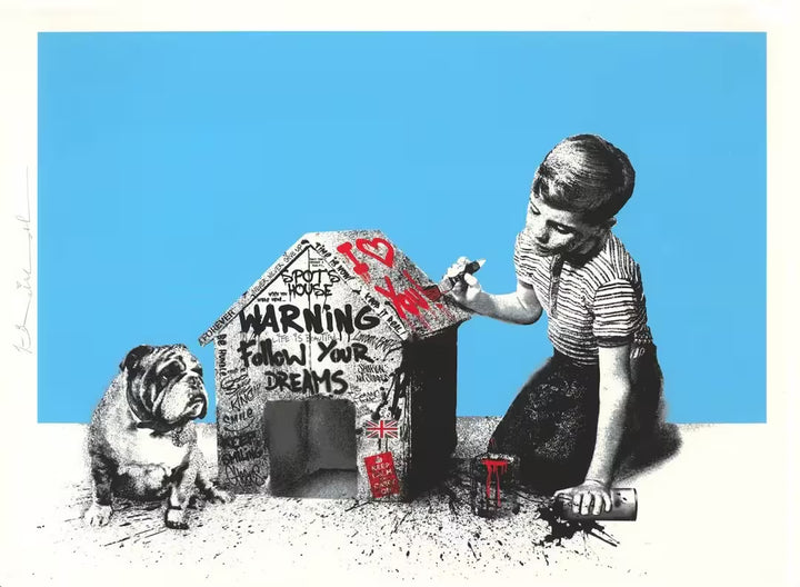 A Mr Brainwash limited edition of a boy graffitiing a dog house with the dog sat next to the house, the title is Spot&