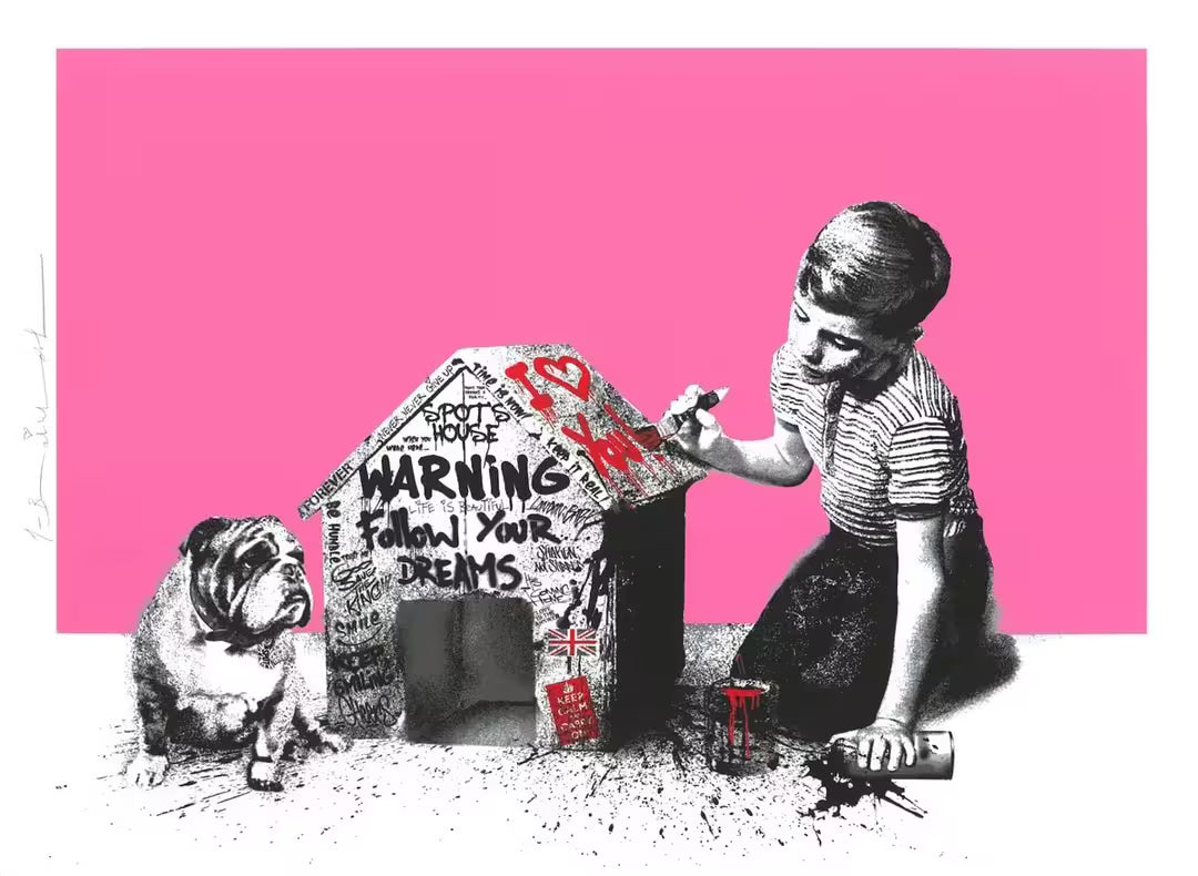 A Mr Brainwash limited edition of a boy graffitiing a dog house with the dog sat next to the house, the title is Spot's House (Pink)