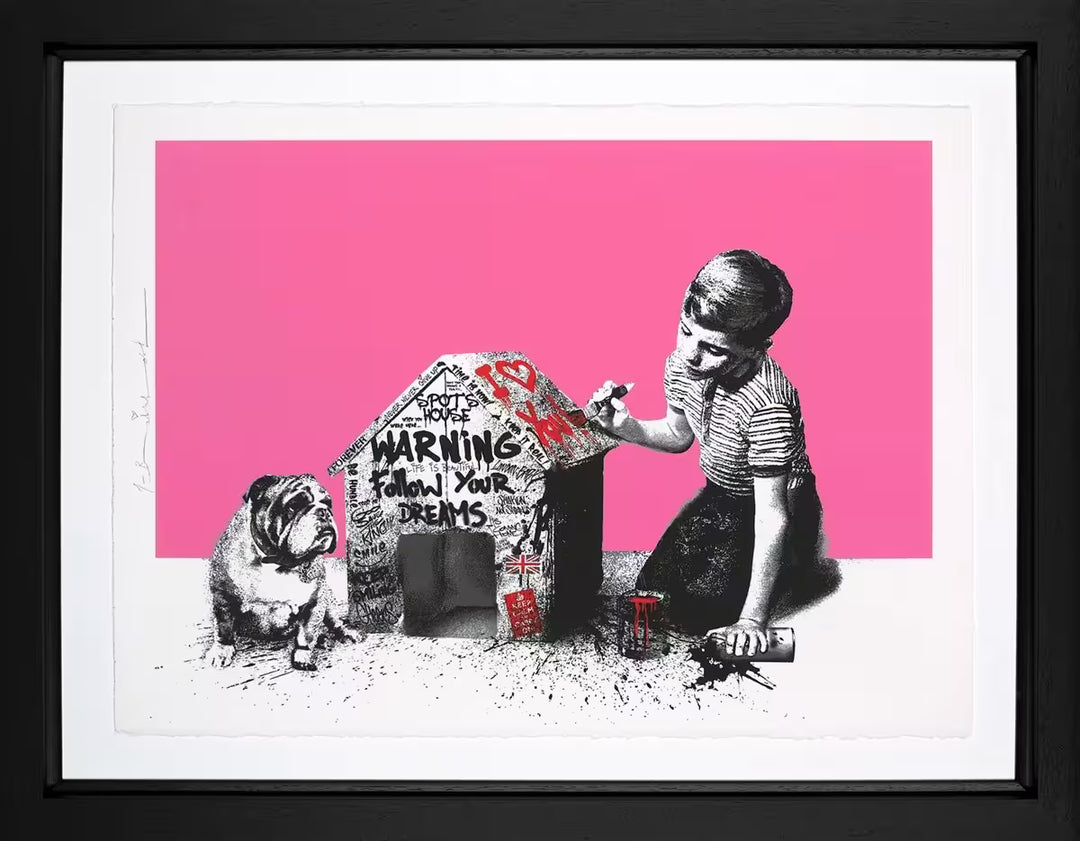 A Mr Brainwash framed limited edition of a boy graffitiing a dog house with the dog sat next to the house, the title is Spot&