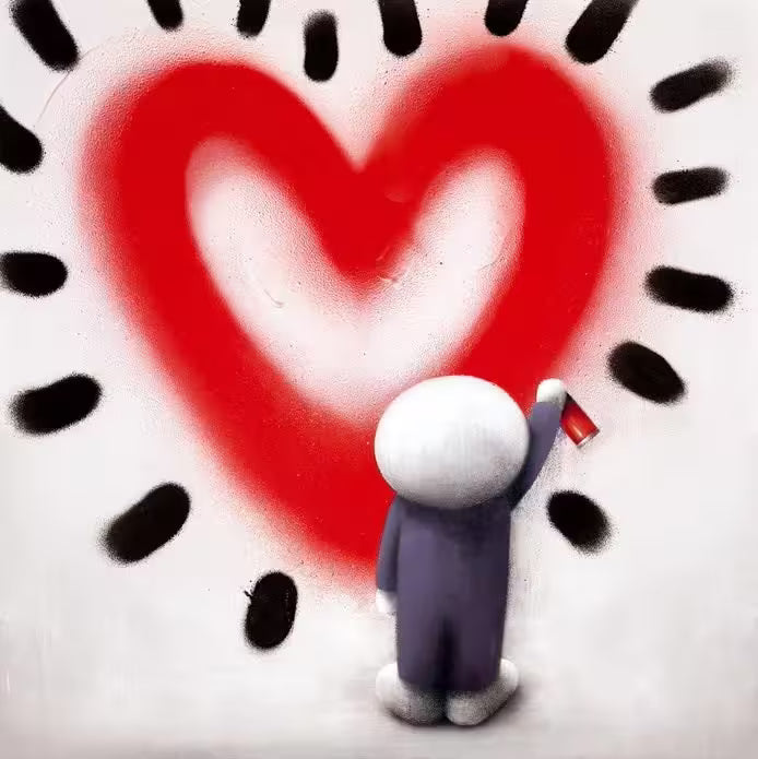 A Doug Hyde limited edition print of a person in purple spray painting a red heart with black lines all around onto a white wall, the title is Spread the Love