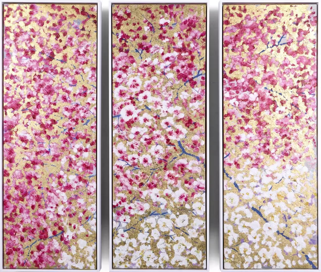 An Antonio Sannino limited edition triptych of cherry blossoms on gold leaf, the title is Spring Embrace (Triptych)