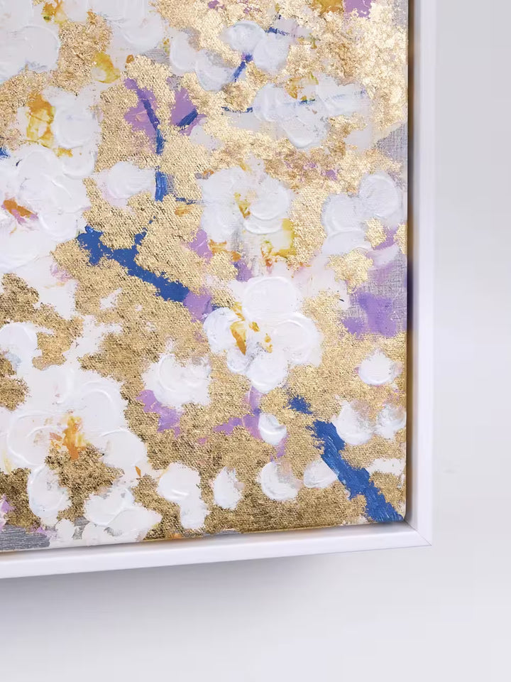 An Antonio Sannino limited edition triptych of cherry blossoms on gold leaf, the title is Spring Embrace (Triptych)