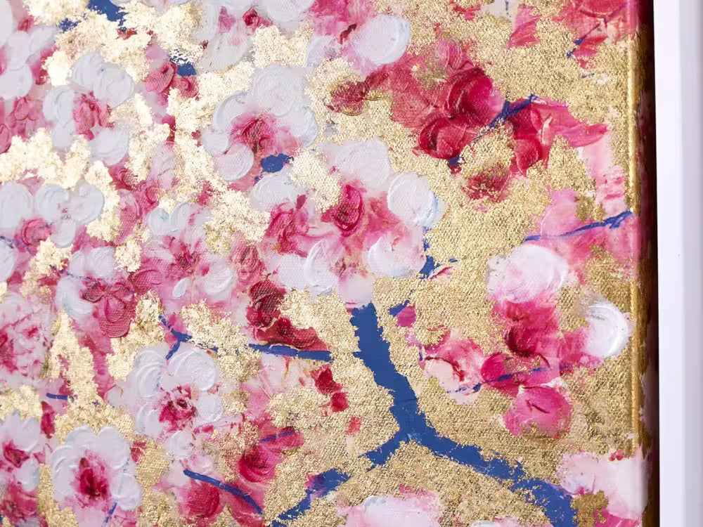 An Antonio Sannino limited edition triptych of cherry blossoms on gold leaf, the title is Spring Embrace (Triptych)