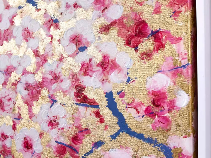 An Antonio Sannino limited edition triptych of cherry blossoms on gold leaf, the title is Spring Embrace (Triptych)
