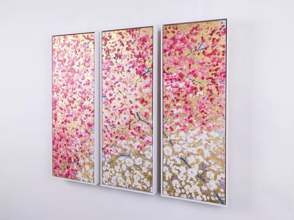 An Antonio Sannino limited edition triptych of cherry blossoms on gold leaf, the title is Spring Embrace (Triptych)