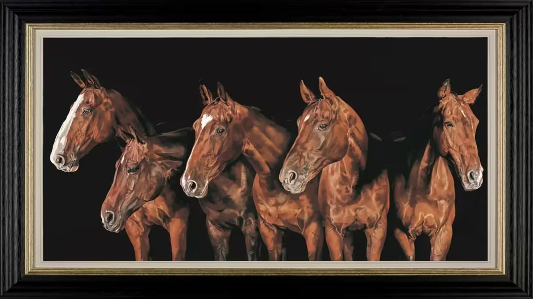 A Debbie Boon framed limited edition piece of five brown horses, the title is Stand Out From the Crowd