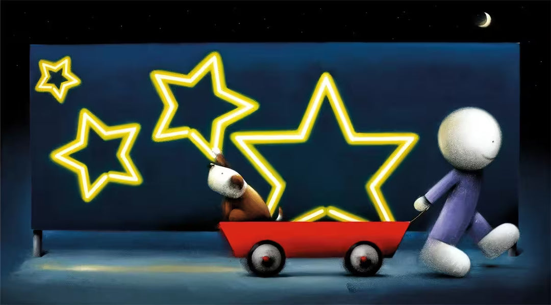 A Doug Hyde limited edition print of a person in blue and they are pulling along a dog in a radio flyer, there are bright yellow stars behind them, the title is Star Sign