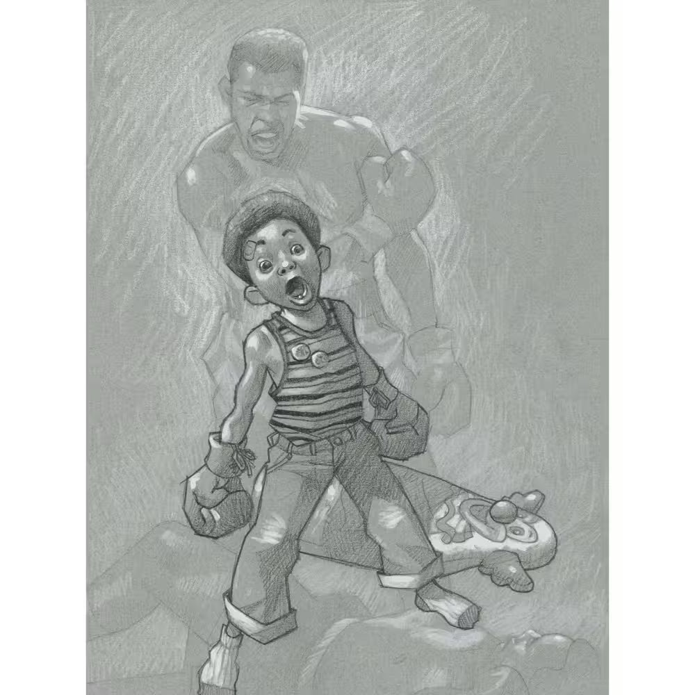 A Craig Davison limited edition of a young boy with boxing gloves on and has knocked down a n inflatable clown, the title is Sting Like a Bee (Sketch)