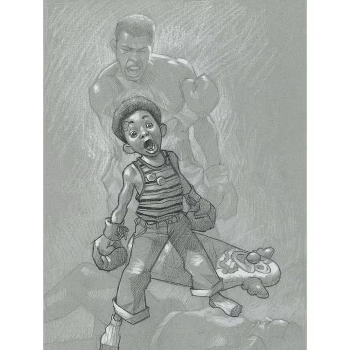 A Craig Davison limited edition of a young boy with boxing gloves on and has knocked down a n inflatable clown, the title is Sting Like a Bee (Sketch)