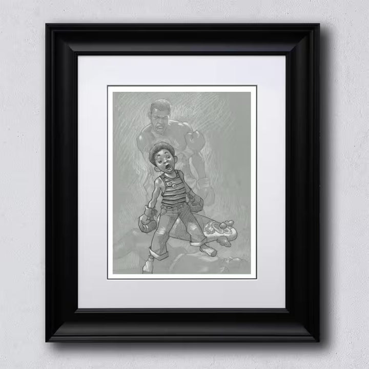 A Craig Davison limited edition of a young boy with boxing gloves on and has knocked down a n inflatable clown, the title is Sting Like a Bee (Sketch)