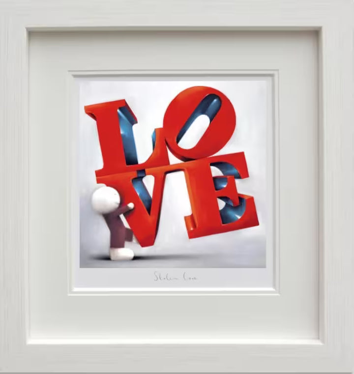 A Doug Hyde framed limited edition print of a person in purple lifting up the word 'LOVE', the title is Stolen Love