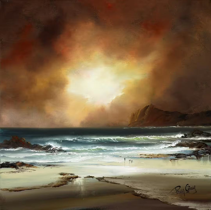 A Philip Gray original of a deep amber stormy sky with waves crashing in, the title is Storm Coming