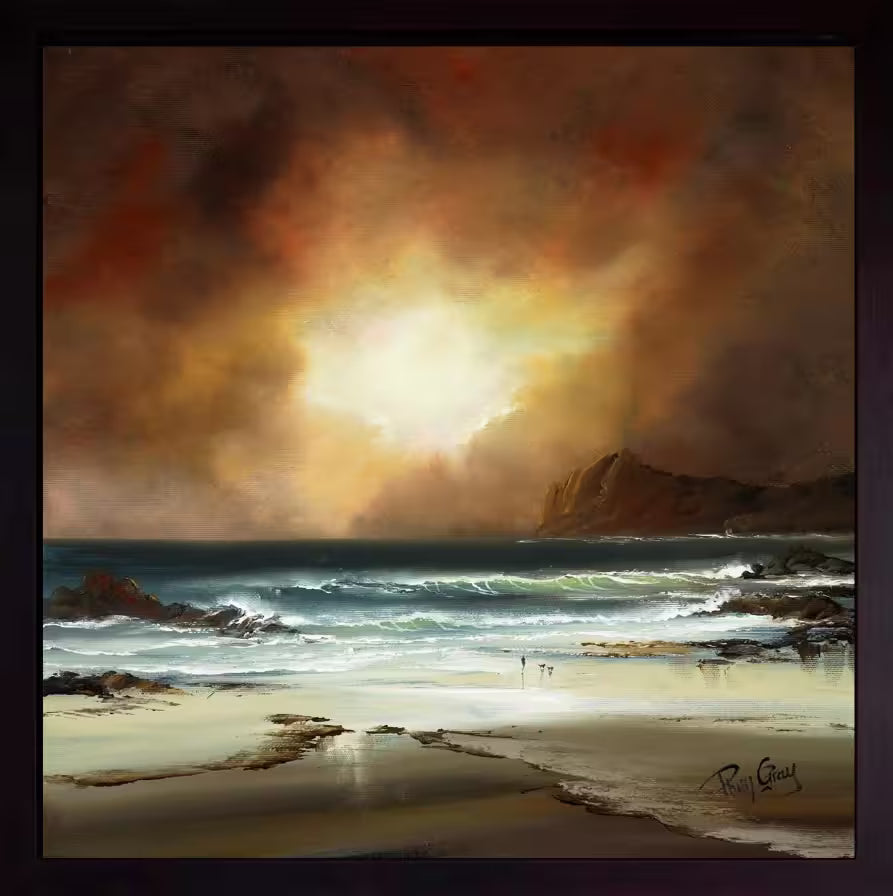 A Philip Gray framed original of a deep amber stormy sky with waves crashing in, the title is Storm Coming