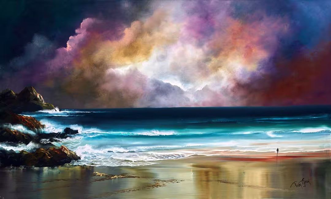 A Philip Gray original of a beach with a deep purple stormy skyline, the title is Storm Clouds Gathering