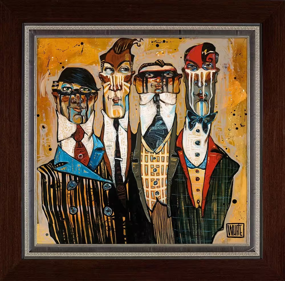 A Todd White framed limited edition of four men dressed in patterned suits and paint over their faces, the title is Suited For War