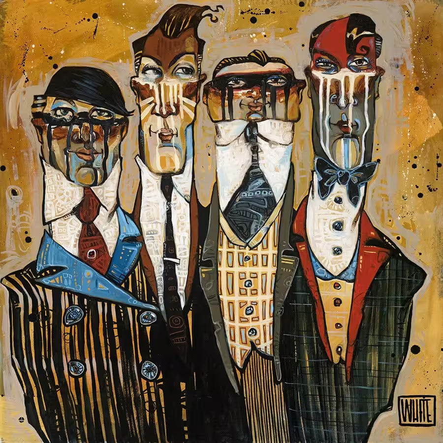 A Todd White limited edition of four men dressed in patterned suits and paint over their faces, the title is Suited For War