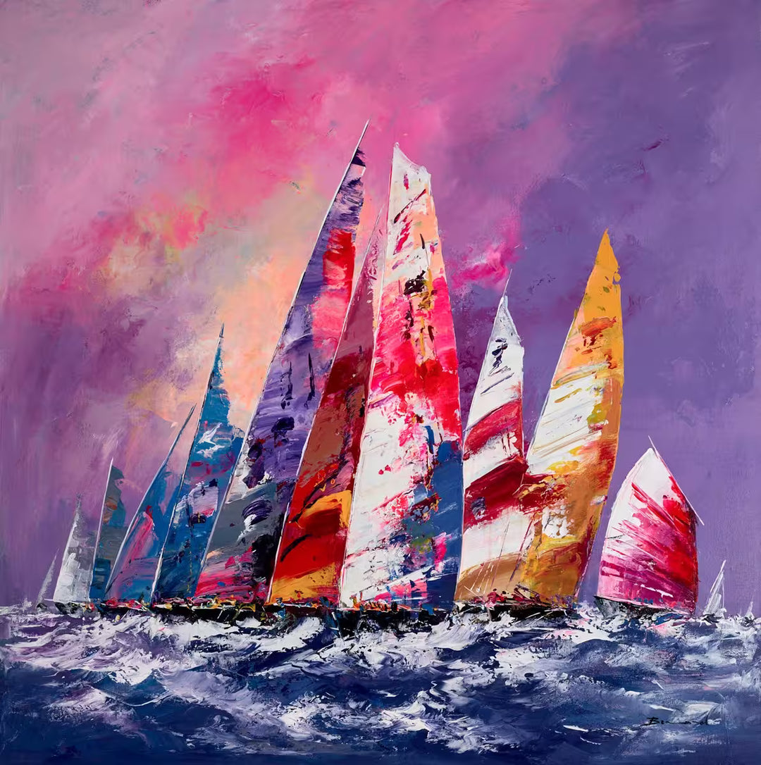 A Bernard original of some colourful sailing boats sailing against a pink sky, the title is Summer in Sailing VI