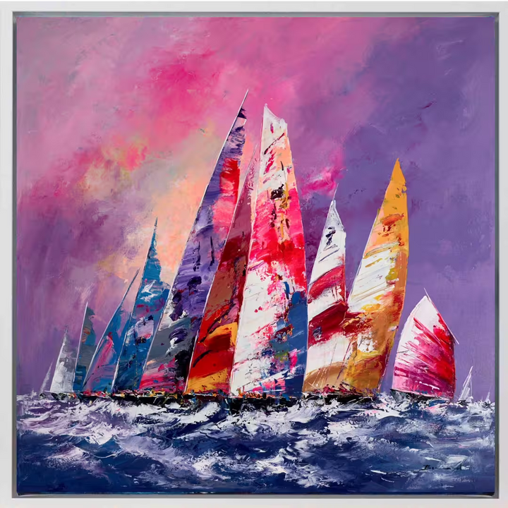 A Bernard original of some colourful sailing boats sailing against a pink sky, the title is Summer in Sailing VI
