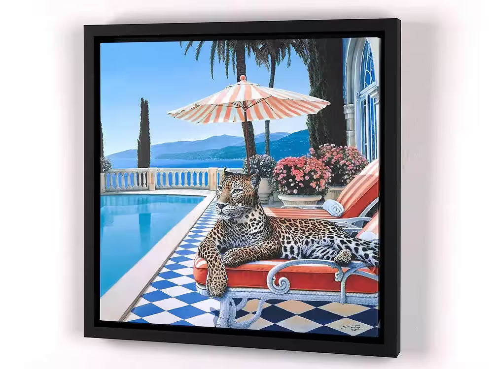 A Steve Tandy limited edition of a leopard laying on a sun bed b a sunny poolside, the title is Summer in Sorrento