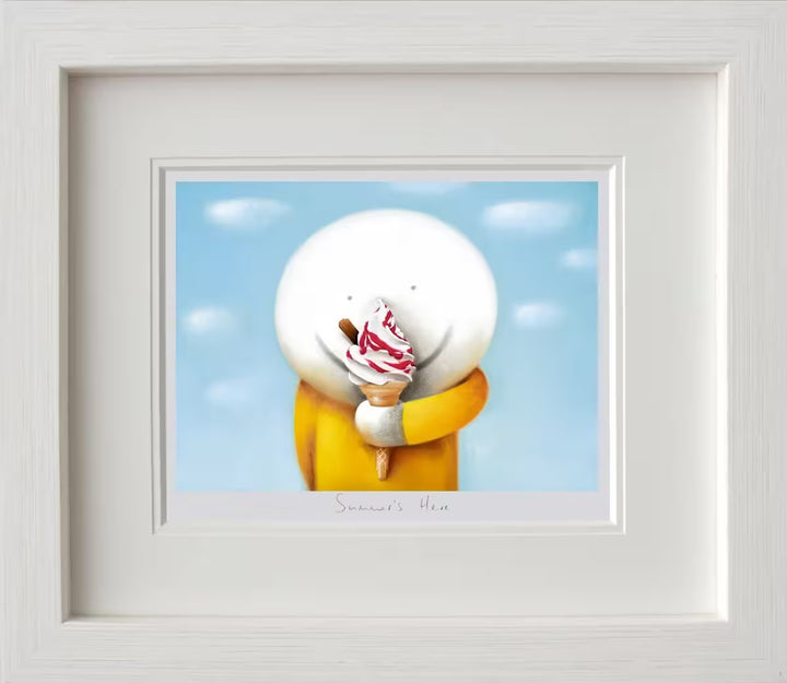 A Doug Hyde framed limited edition print of a person in yellow holding an ice cream with sauce and a flake in it in front of a blue sky, the title is Summers Here