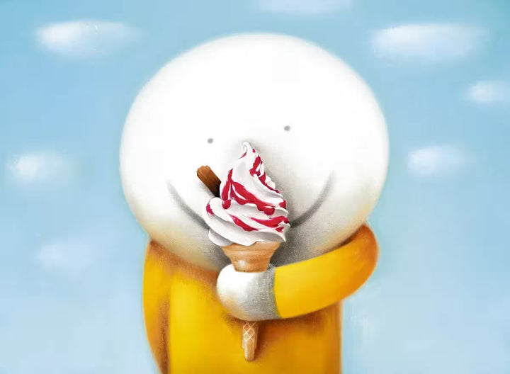 A Doug Hyde limited edition print of a person in yellow holding an ice cream with sauce and a flake in it in front of a blue sky, the title is Summers Here