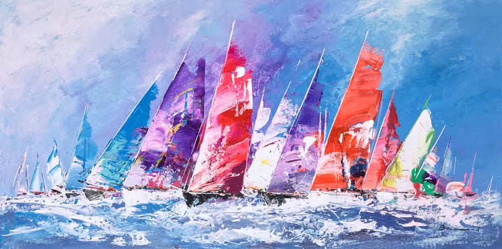A Bernard original of some sailing boats on water, the title is Summertime Sailing