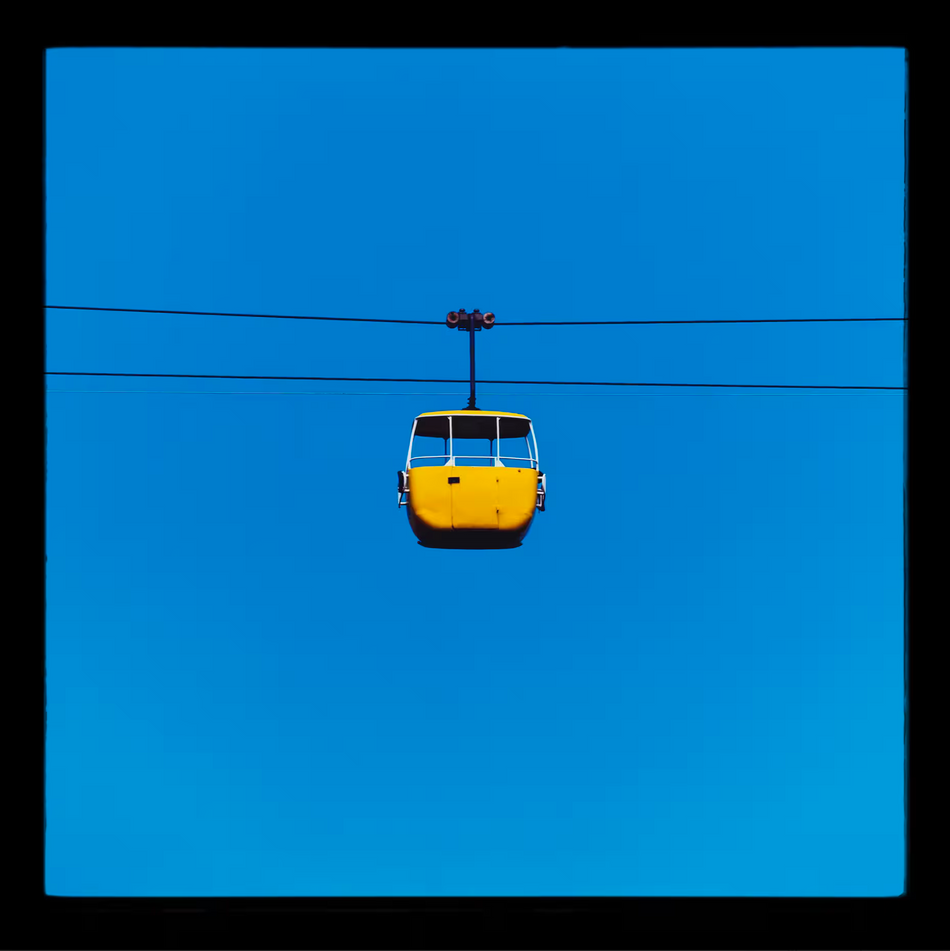 A Richard Heeps limited edition photographic print of a Yellow cable car, the title is Summit Cable Car Yellow, Great Orme, Llandudno, 2023