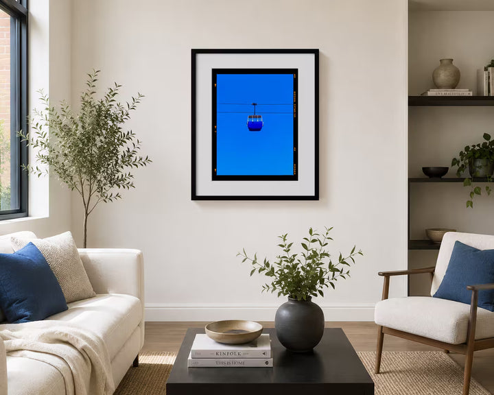 A Richard Heeps limited edition photographic print, the title is Summit Cable Car (Blue), Great Orme, Llandudno, 2023