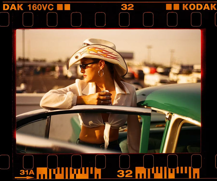 A limited edition photograph by Richard Heeps using vibrant colours, the title is On the Road Sunkissed Wendy, Las Vegas, 2001
