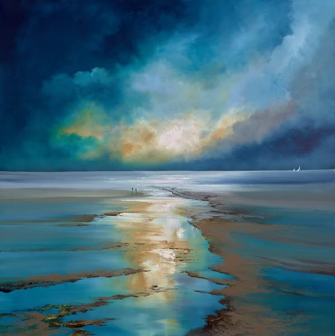 A Philip Gray original of a deep blue sunset, the title is Sunlit Beach
