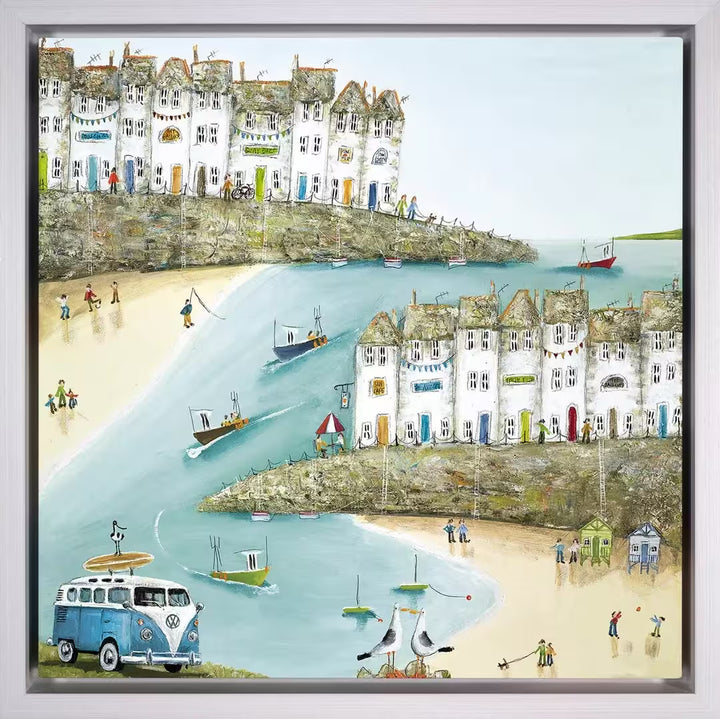A Rebecca Lardner limited edition piece of a seaside town with people, boats, and a camper van, the title is Surfs Up