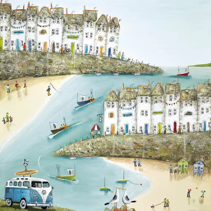 A Rebecca Lardner limited edition piece of a seaside town with people, boats, and a camper van, the title is Surfs Up