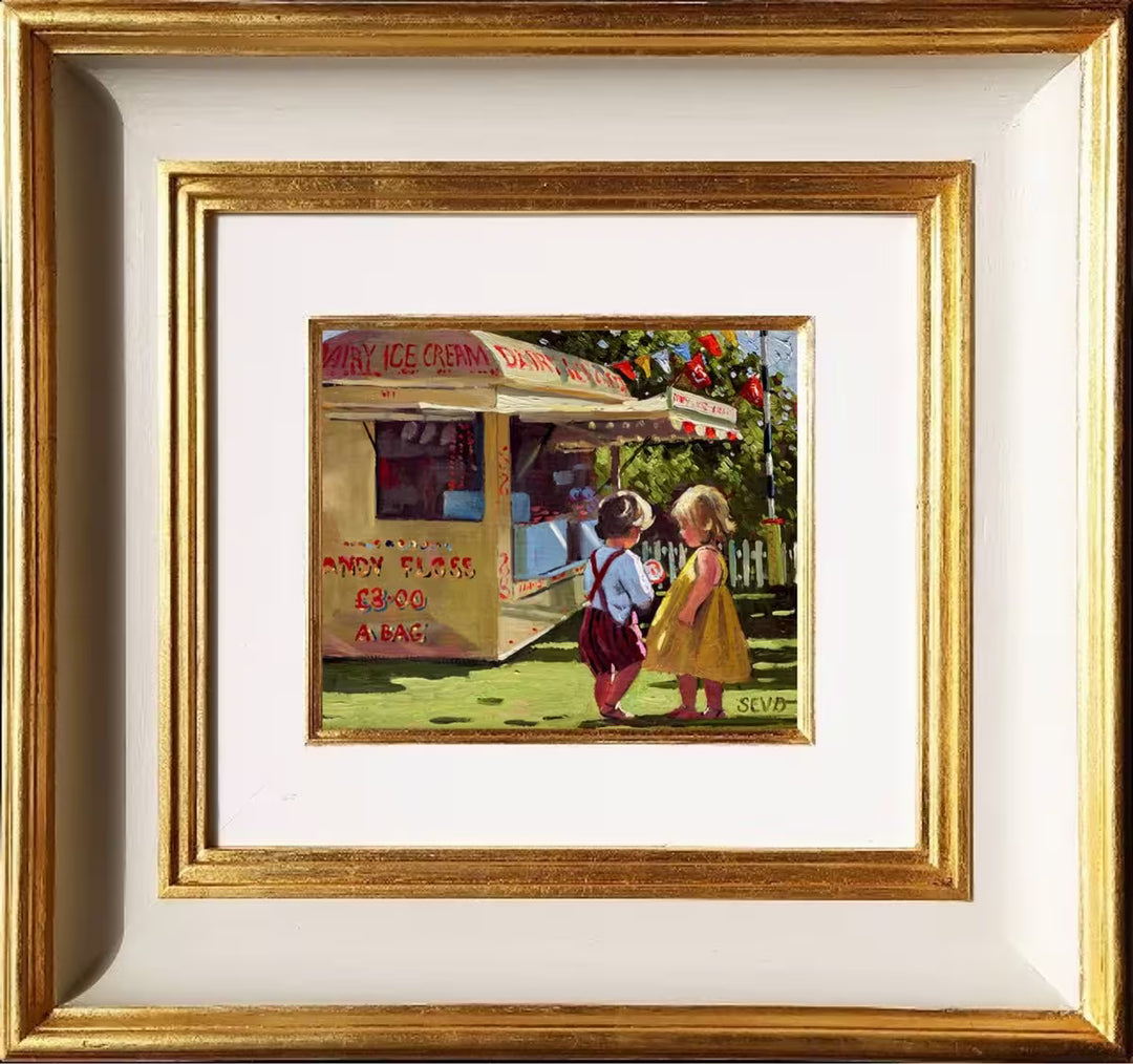 A Sherree Valentine Daines original of two children by a sweet stand, the title is Sweet Delight