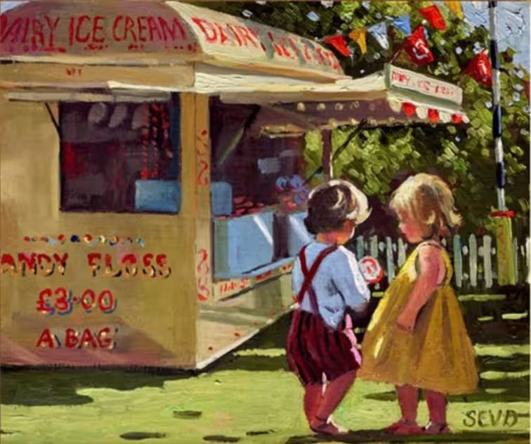 A Sherree Valentine Daines original of two children by a sweet stand, the title is Sweet Delight