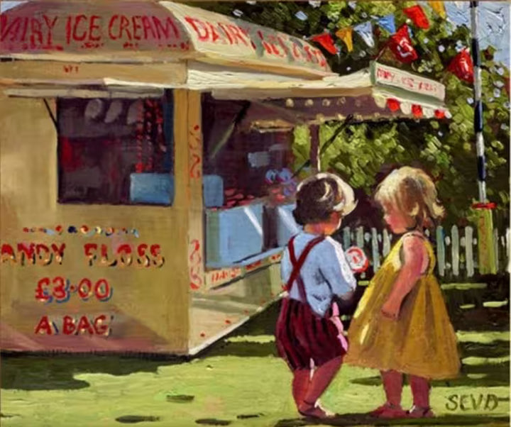 A Sherree Valentine Daines original of two children by a sweet stand, the title is Sweet Delight