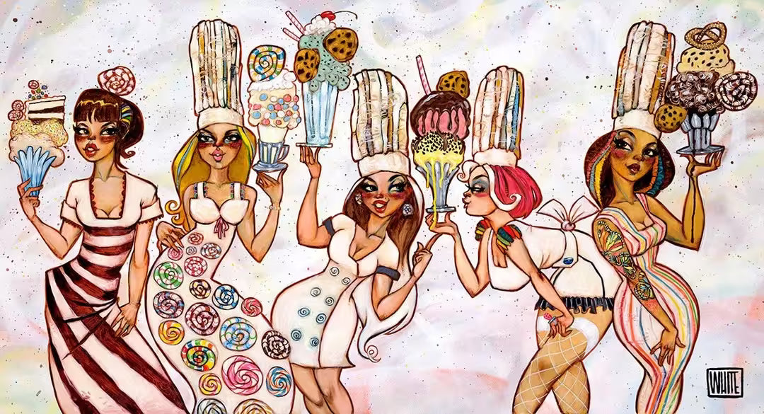 A Todd White limited edition of women in chef hats holding ice cream sundaes, the title is Sweet Dreams