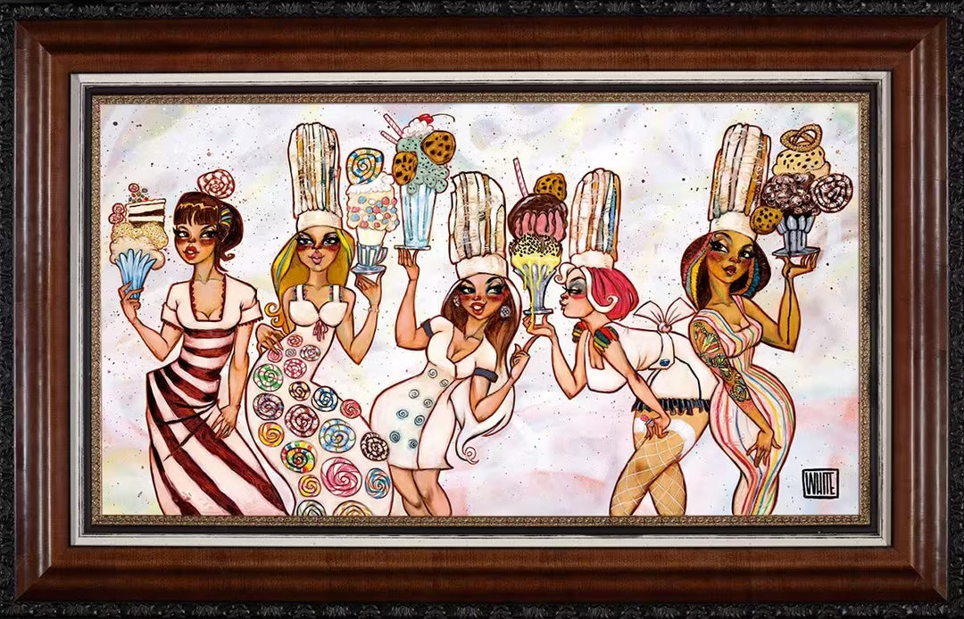 A Todd White framed limited edition of women in chef hats holding ice cream sundaes, the title is Sweet Dreams