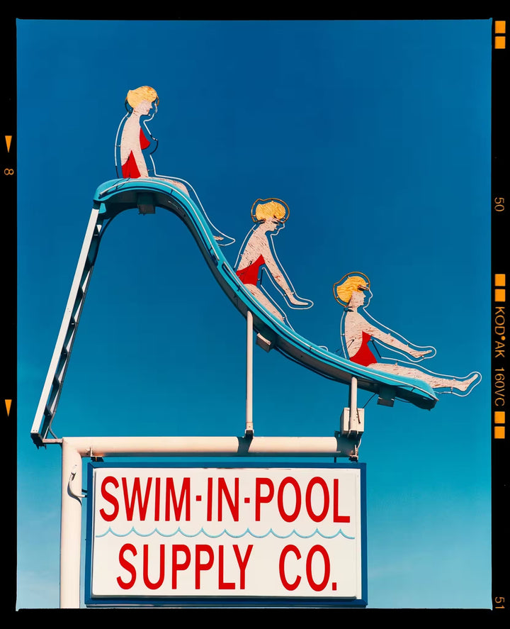 A limited edition photograph by Richard Heeps using vibrant colours, the title is Swim-in-Pool Supply Co. (Film Rebate), Las Vegas 2013