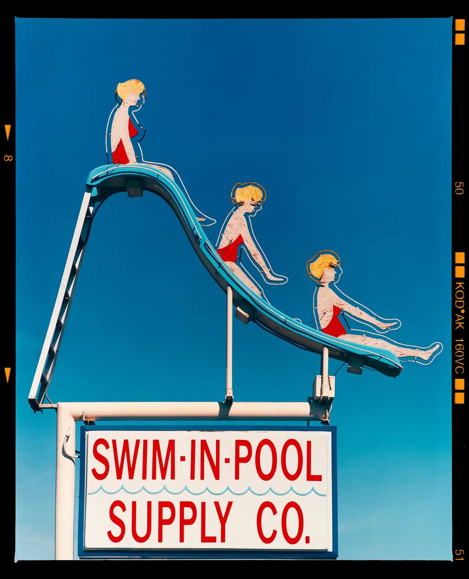 A limited edition photograph by Richard Heeps using vibrant colours, the title is Swim-in-Pool Supply Co. (Film Rebate), Las Vegas 2013