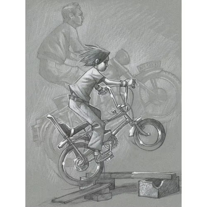 A Craig Davison limited edition of a boy on his bike going over a ramp, the title is There Will Be No Escape From Zis Camp! (Sketch)