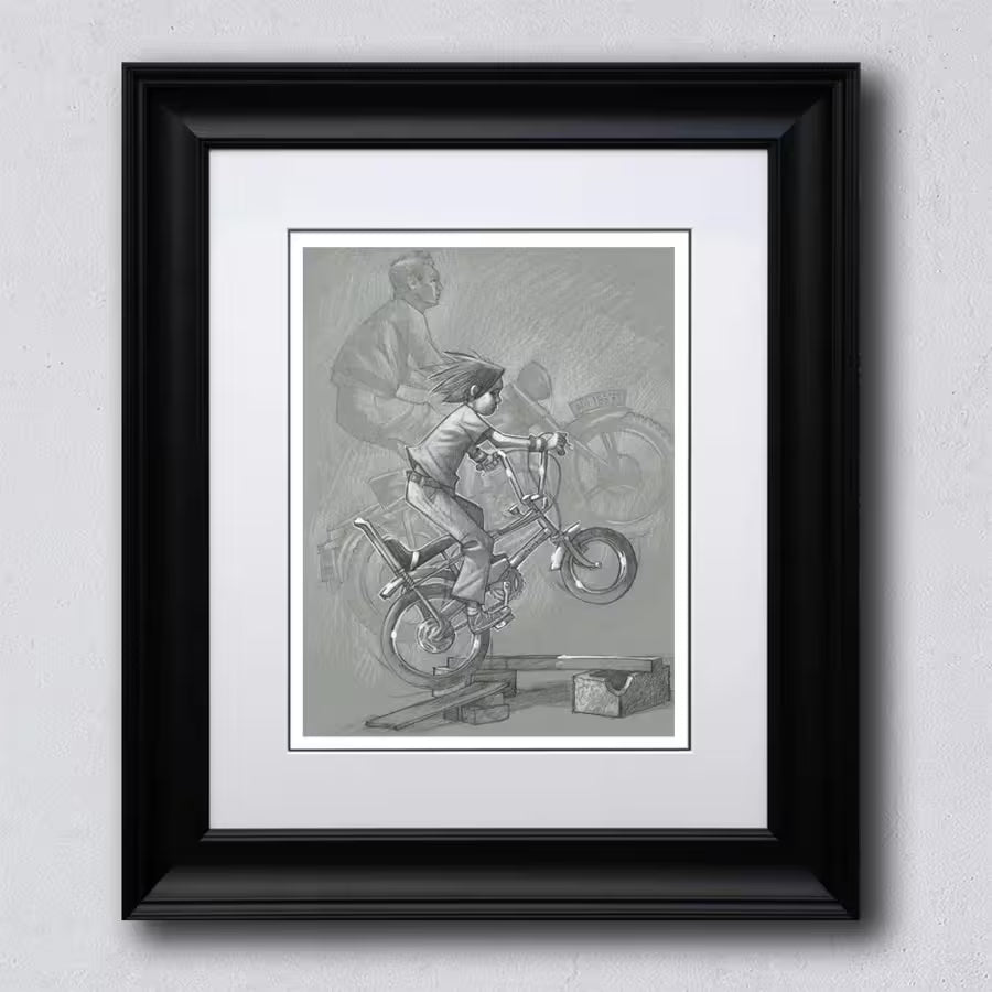 A Craig Davison limited edition of a boy on his bike going over a ramp, the title is There Will Be No Escape From Zis Camp! (Sketch)