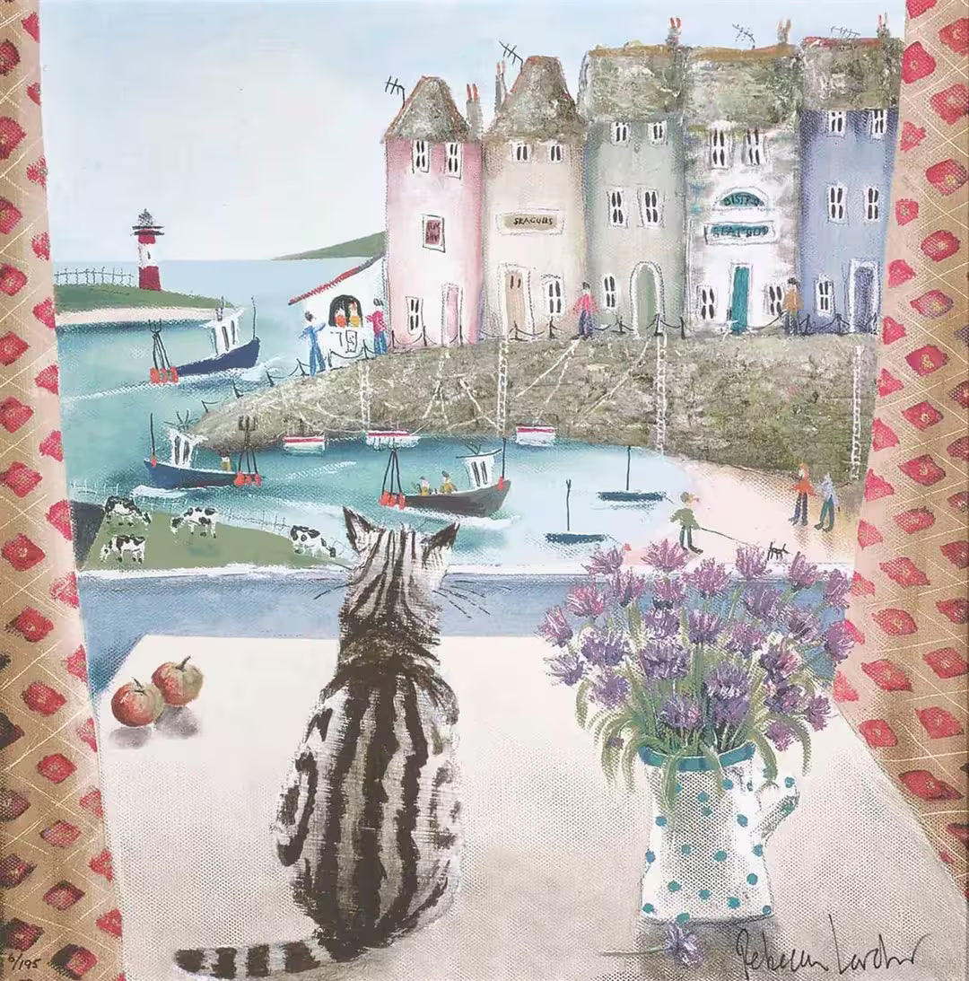 A Rebecca Lardner limited edition of a seaside town with boats, cows and people and a cat sat on a table looking down, the title is Table Manners