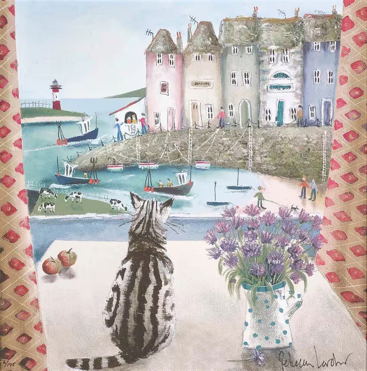 A Rebecca Lardner limited edition of a seaside town with boats, cows and people and a cat sat on a table looking down, the title is Table Manners