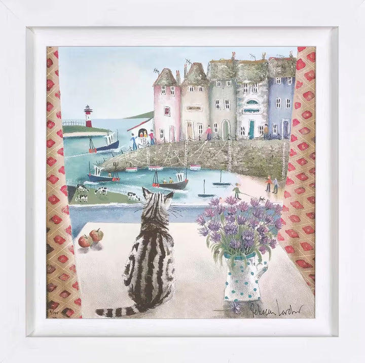 A Rebecca Lardner limited edition of a seaside town with boats, cows and people and a cat sat on a table looking down, the title is Table Manners