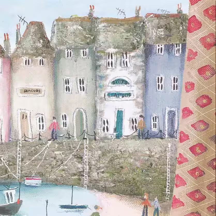 A Rebecca Lardner limited edition of a seaside town with boats, cows and people and a cat sat on a table looking down, the title is Table Manners